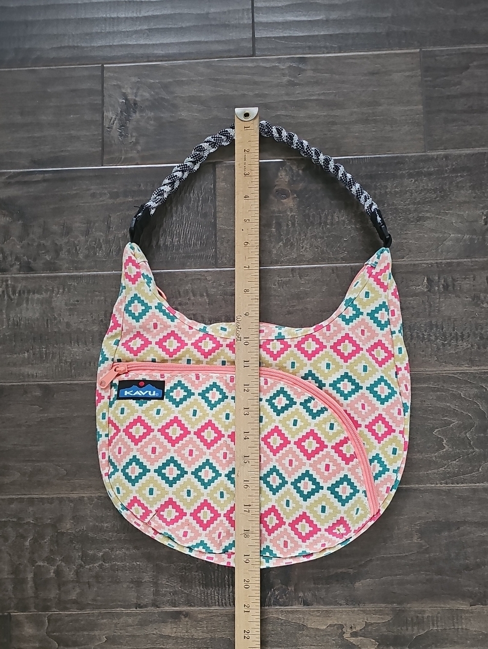 Kavu Sydney Satchel Multicolor Diamond Geometric Print Shoulder Bag Pink Trim - Picture 6 of 7